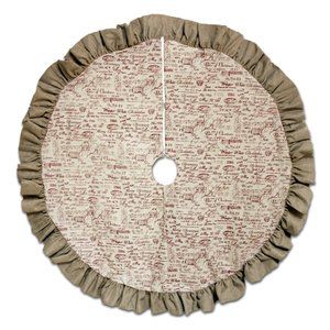 Christmas Greetings on Beige Tree Skirt 54 inch with Faux Burlap Trim